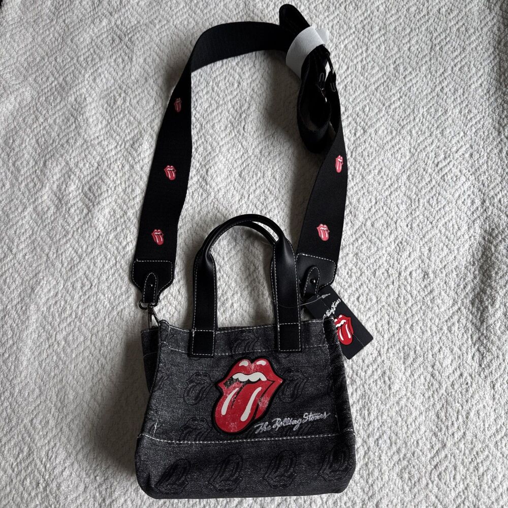 The Rolling Stones Tongue Logo Gray Mini Tote Crossbody, Detachable Strap